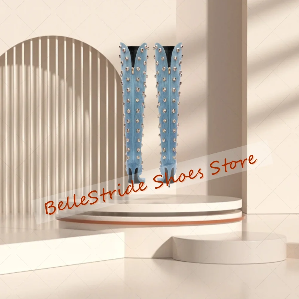 Blue Round Rivets Toe Clip Boots Back Zipper Women Shoes Stilettos High Heels Party Banquet Dating 2025 Zapatos Para Mujere