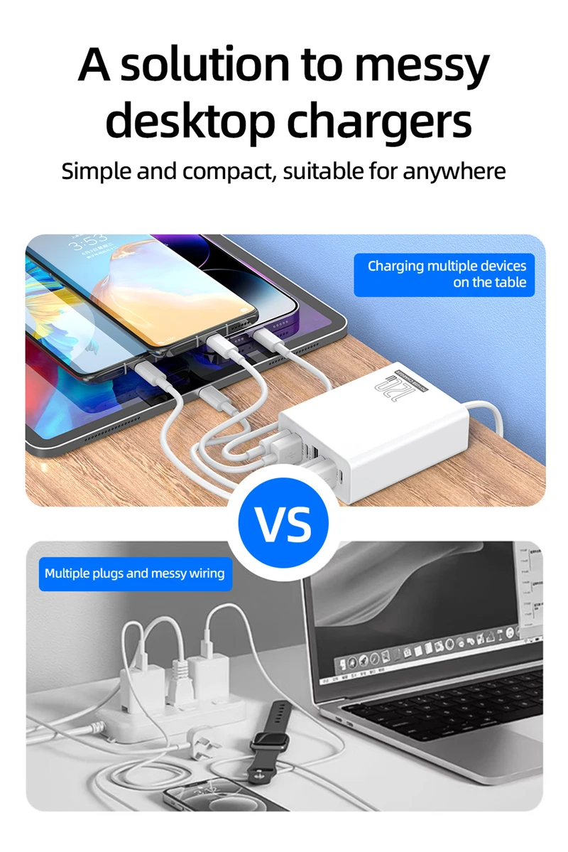 120W Ladeadapter 7 Anschlüsse 3USB+4PD Schnellladegerät 5V4A US/EU/UK Standard-Ladegerät für Mobiltelefone 2026 – Detail 5