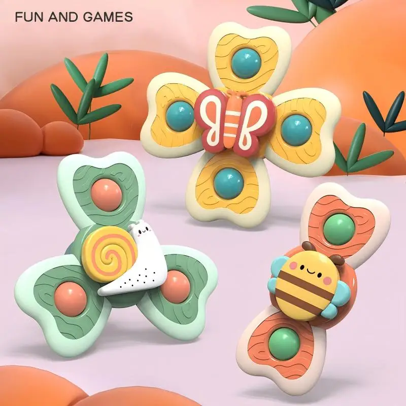 3Pcs Baby Suction Spinner Toys with Rattle Balls, Safe TPE Teether Butterfly Bee Snail for Bath High Chair Sensory Play 6+M