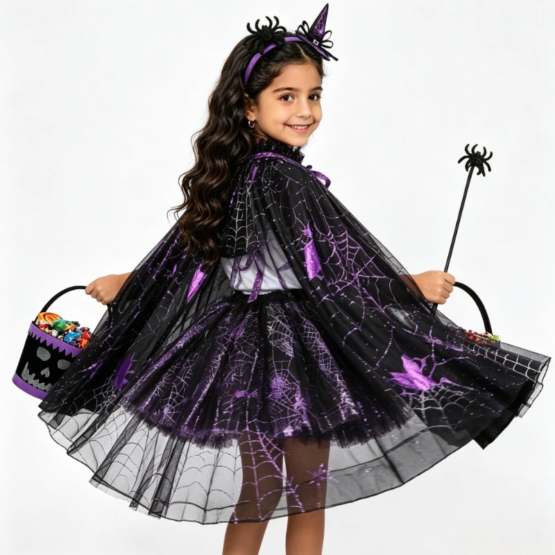 Toddler Witch Cosplay Bundle Black Purple Web Print Cloak Layered Tutu Skirt Mini Witch Headband Skull Treat Pail Holiday Outfit view 6