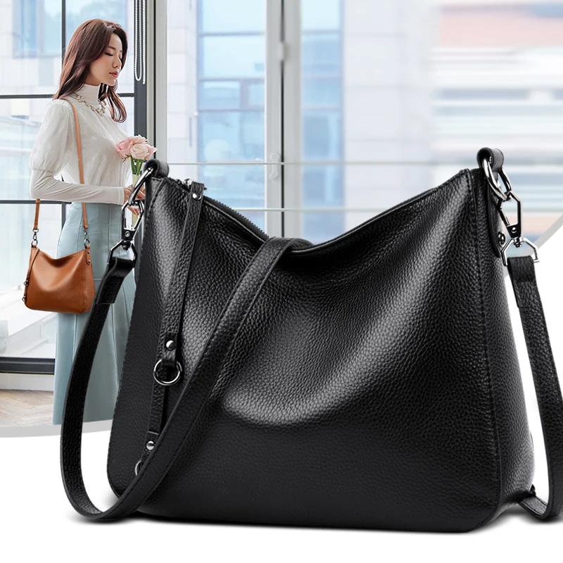 100% Cow Leather Handbag Women Genuine Leather Shoulder Bag Natural High Quality Cowhide Crossbody Large Capacity Messenger Bag