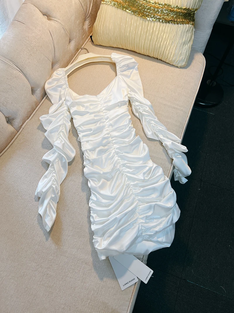 Witte uitgeholde tailleketting Diamond Thai Sexy Beach Vaion Dr Dames hoge taille ort Sve Zacht satijn A-lijn Dr