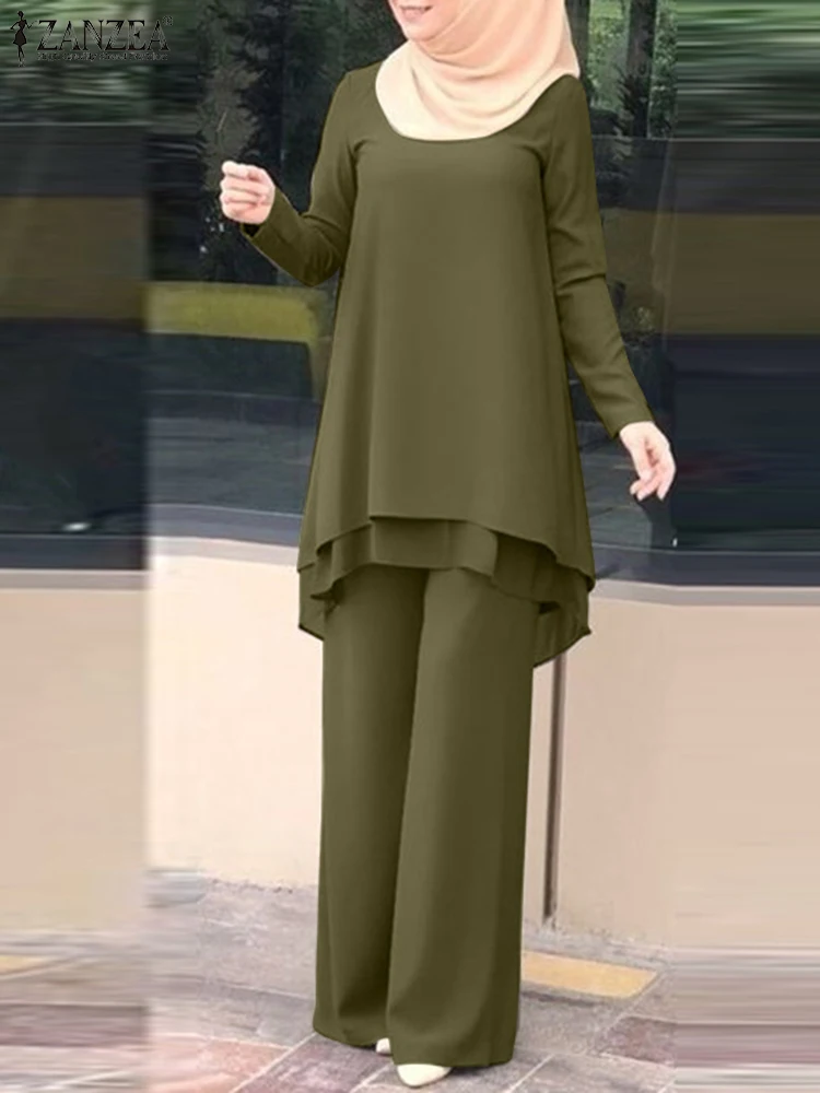 ZANZEA-chándal Hijab musulmán para mujer, conjunto a juego de blusa de manga larga con cuello redondo, pantalones de pierna ancha informales