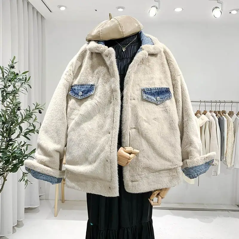 Double-Sided Lamb Wool Denim Jacket Women\'s Velvet Thick Furry Casual BF Padded Loose Winter Cowgirls Coat