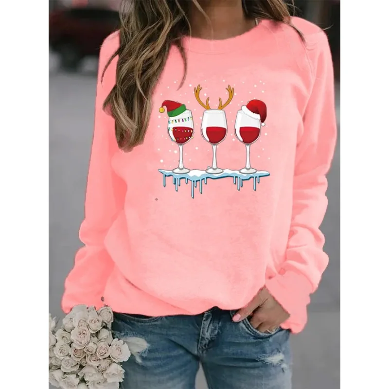 Christmas New Crew-neck Long-sleeved Pullover Casual Christmas Wine Cup Printed Fleece Hoodie Sweatshirt Streetwear Women