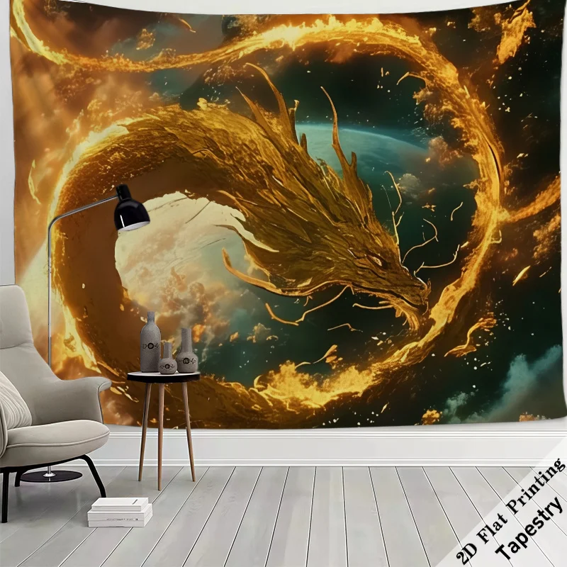 Epic Majestic Dragon Tapestry Wall Art Golden Fantasy Mythical Beast Cosmic Fire Nebula Decor Hanging Print
