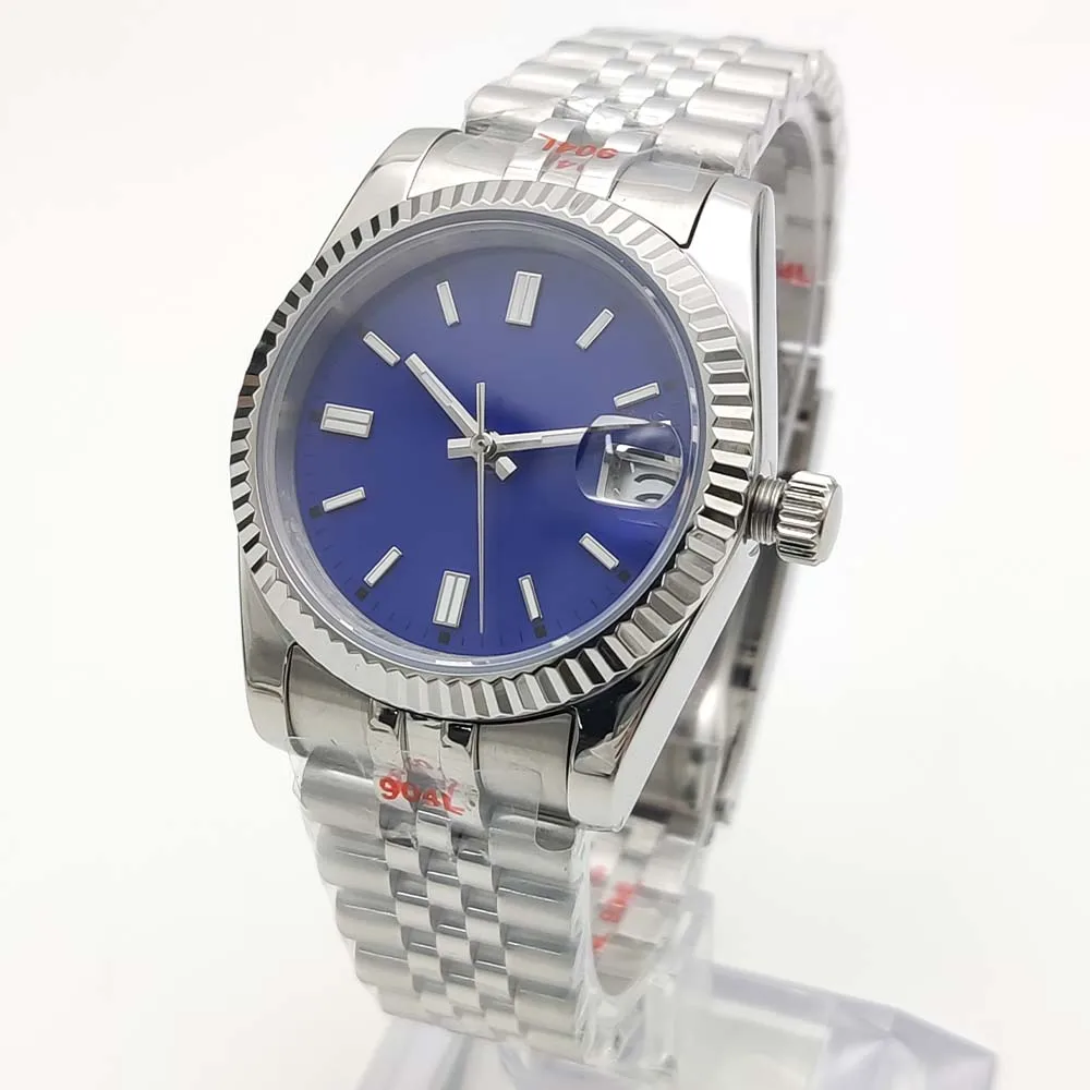 Herren-Automatikuhr NH35, Saphirglas, aseptisches Zifferblatt, wasserdicht, Edelstahl, mechanische Uhr, grün leuchtend