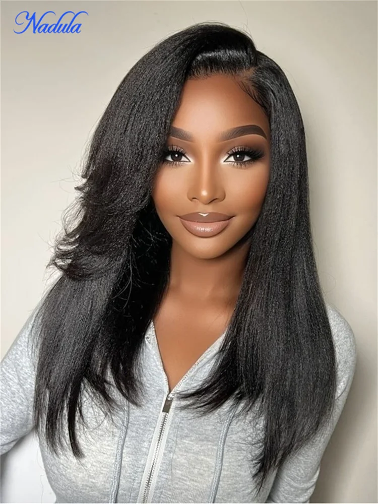 

Nadula Side Bangs Yaki Glueless Human Hair Wig Pre Plucked 7x5 Pre-Bleached Pre Cut Transparent Lace Front Human Hair Wig