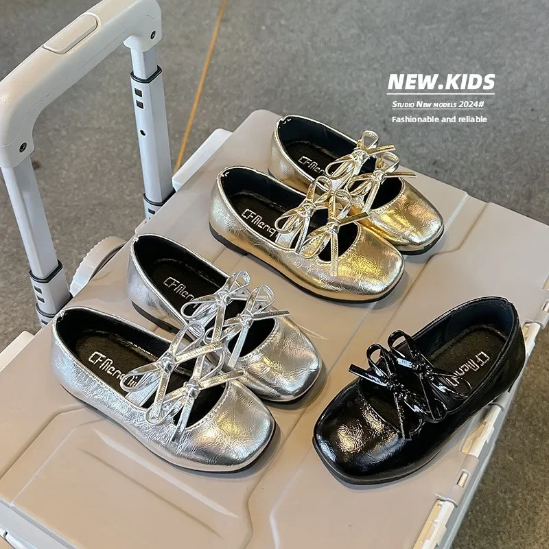 Girls Leather Shoes Spring Autumn New Bow Kid Small Princess Mary Jane Shoes Silver Flat Non-slip Children Baby Dance Flats