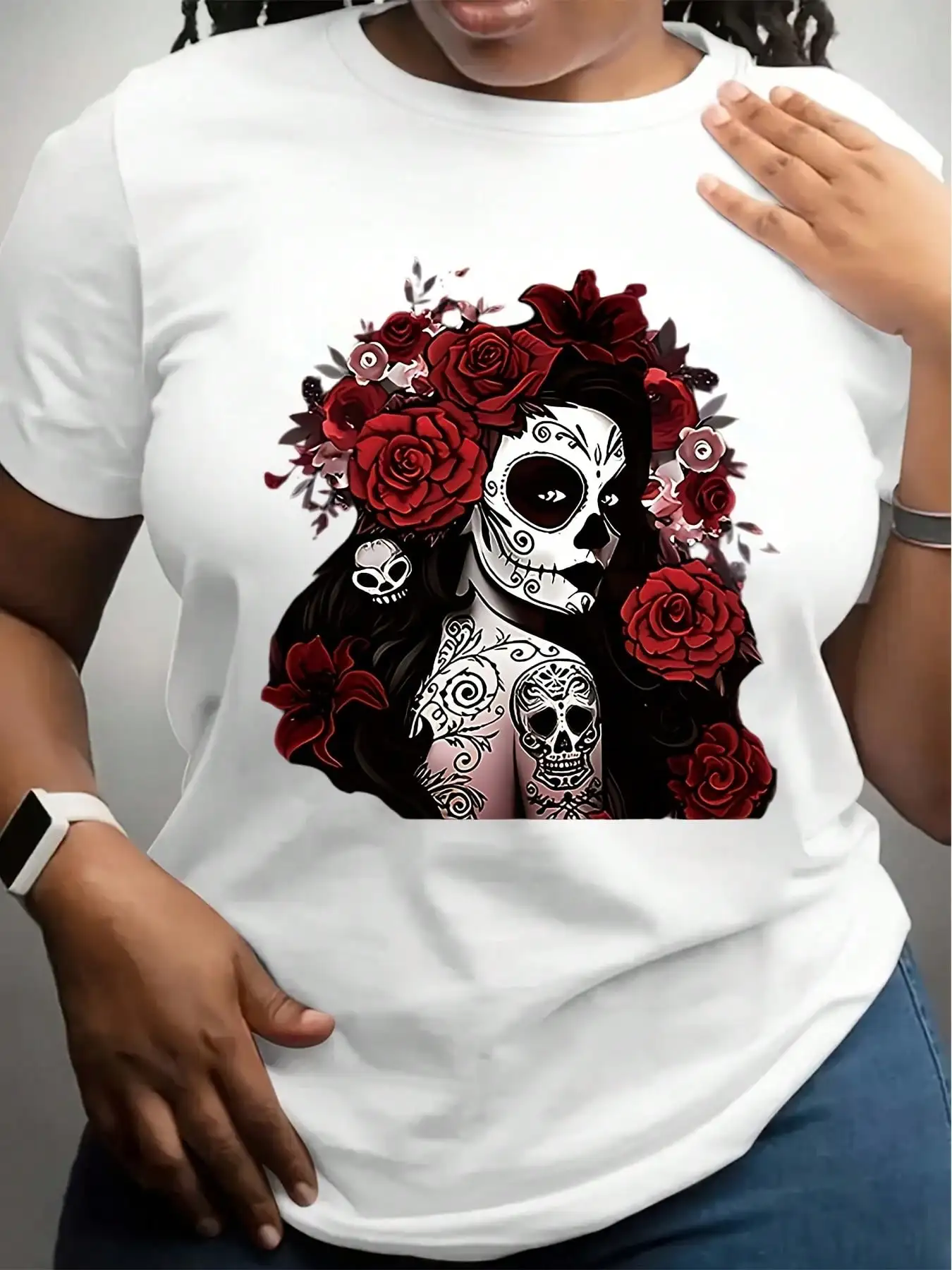 

2025 New Women's Gothic Day of The Dead T-Shirt - Sugar Skull & Rose Graphic, Black Short Sleeve Tee for Halloween, Casual Blend