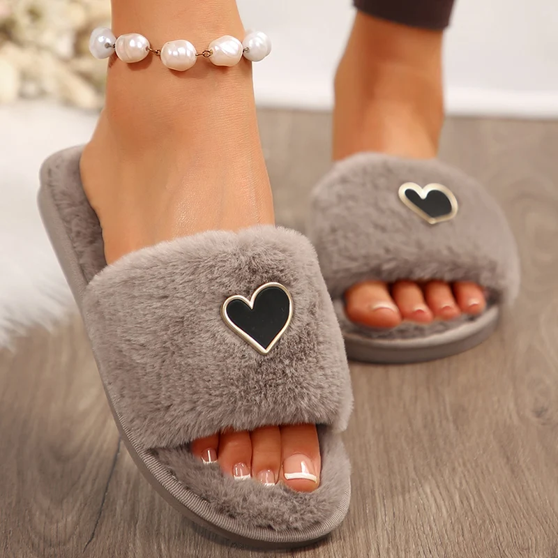 موضة القلب ديكور نعال قماش للنساء شتاء دافئ مريح ارضيات داخلية النعال امرأة المفتوحة تو رقيق منزل الشرائح