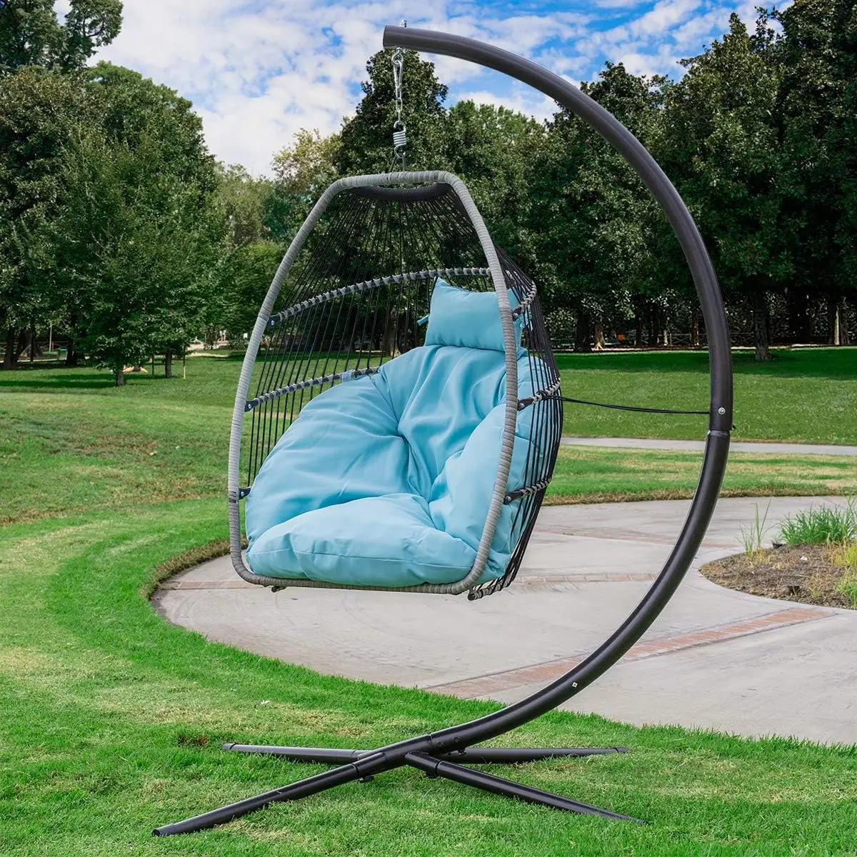 Barton Premium Egg Chair Egg Style Hanging Chair Blue W/Deep Cushion Soft Relaxing Luxury Outdoor Indoor Patio Bedroom Hanging