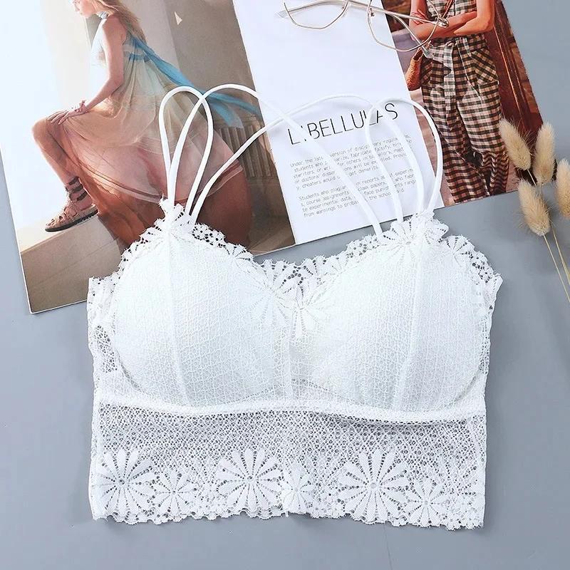 Women Double Thin Strap Lace Longline Bralette Floral Pattern Removable Chest Pads Cami Top Wireless Lace Camisole Bra