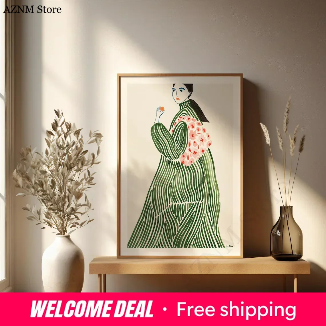 Boho Wall Art, La Poire Green Coat Wall Art, Abstract Line Art, Green Wall Art Digital Print, Home Decor, Instant Download, L