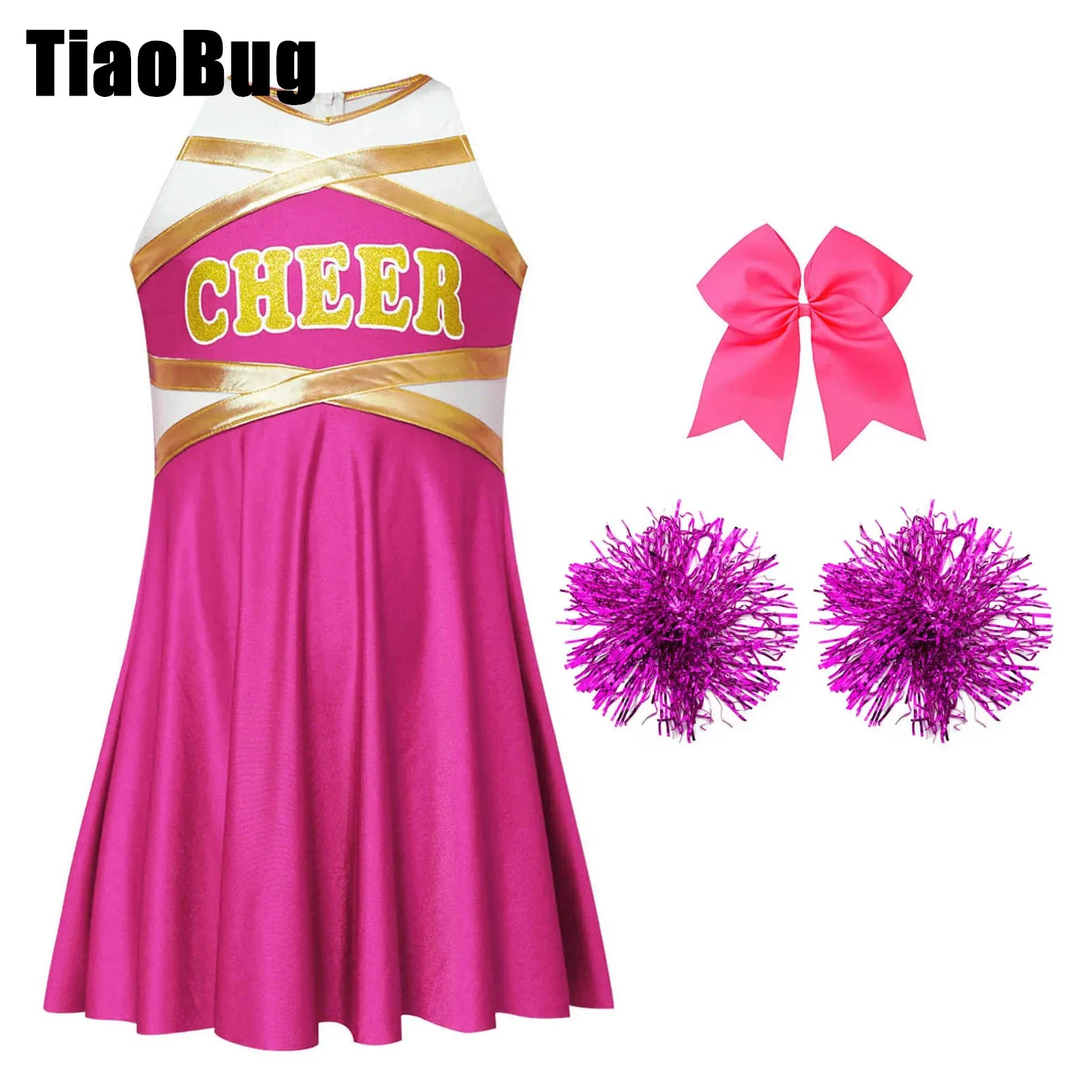 Kids Girls Cheerleading Sets Sleeveless V-neck Letter Print Metallic Patchwork Dress with 1Pc Headwear 2Pcs Hand Flowers