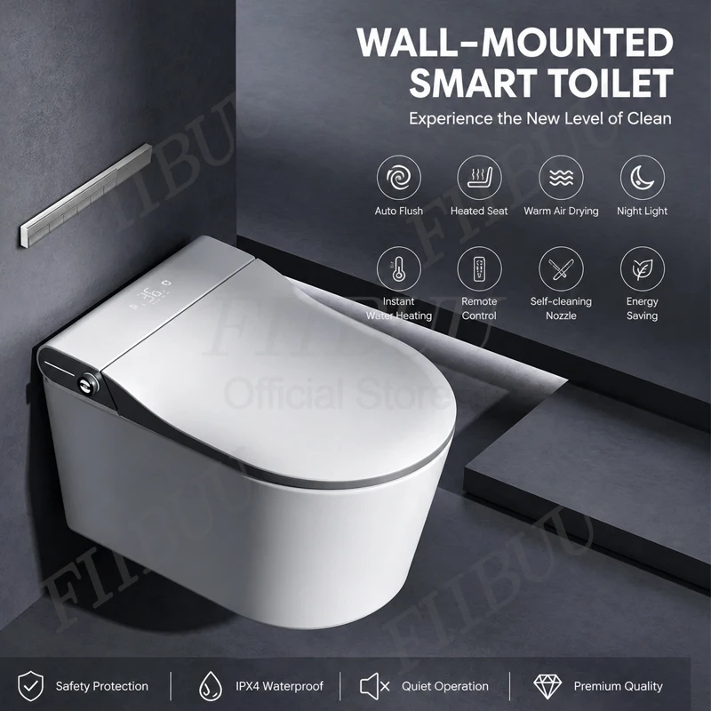 

Wall-Mounted Smart Toilet Built-In Tank Wall-Hung Intelligent Toilet Soft-Close Heated Seat Bidet Functions for Modern Bathroom
