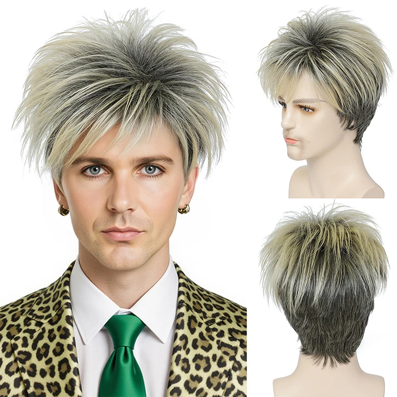 

Men's wig, European and American fashion , mixed color style, textured short straight hair, stylish fluffy synt