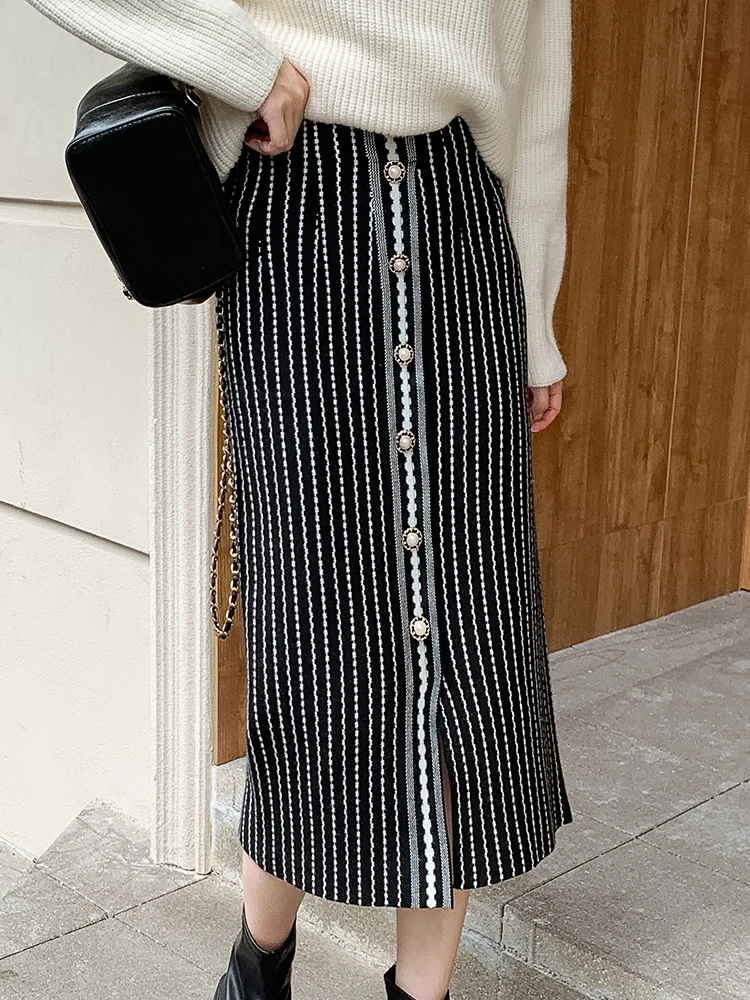 

Осенне-зимняя трикотажная юбка миди, Женская прямая юбка на пуговицах с завышенной талией, универсальные юбки-свитера, черные, белые Элегантные корейские модные