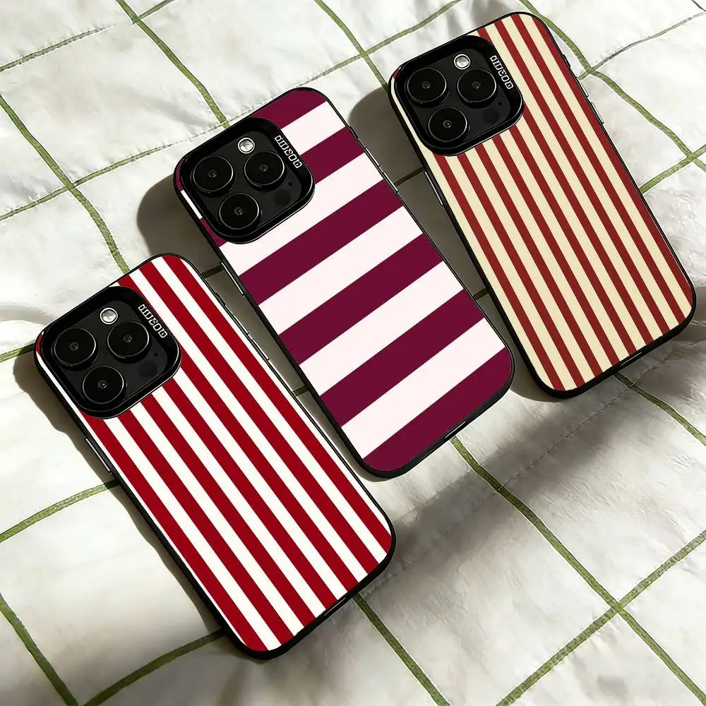 

Burgundy White S-Stripe Phone Case For iPhone 17,16,15,14,13,12,11 Plus,Pro Max,XS,Colored Silver Plated Inside Cover