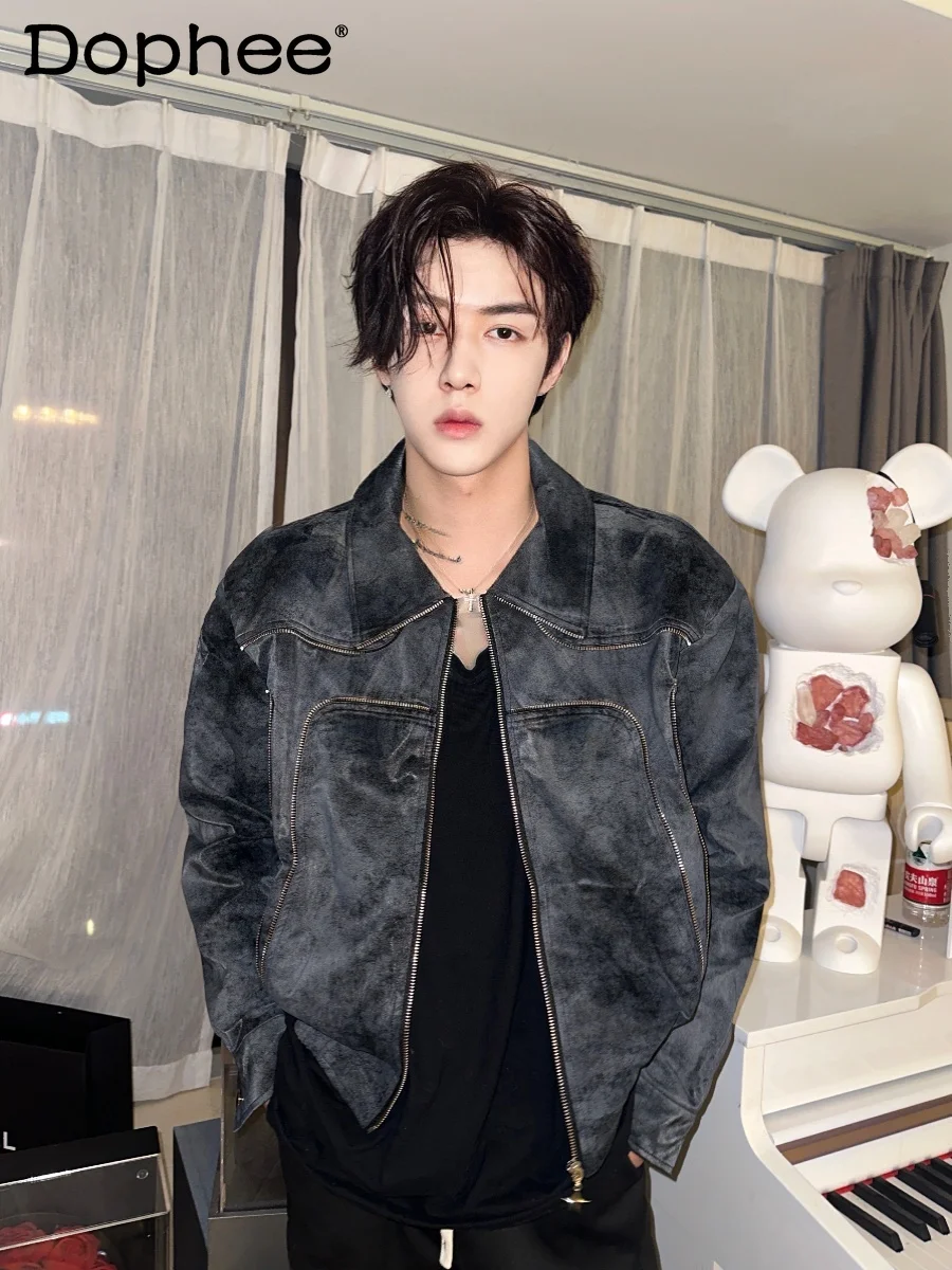 

2025 Retro Motorcycle Fashion Trend Leather Autumn New Short Stylish Youth Popular Zipper Turn-Down Collar Jacket for Men