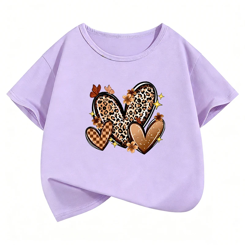 Art T-Shirt Leopard Love Heart Butterfly Printed T Shirt Girls' Summer Spring Short Sleeve Tops T-Shirts Cute Kids Clothing