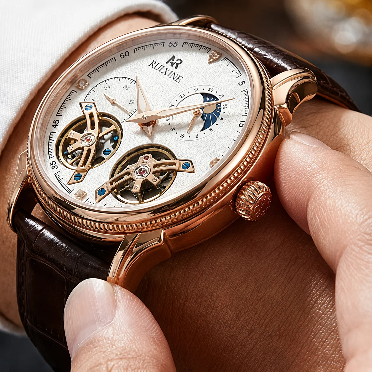 RUIXINE 2026 New Men's Automatic Mechanical Watch Dual Open Heart Moon Phase Leather Strap Luxury Vintage Business Wristwatch