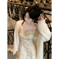 Streamer - like Champagne - colored High - end Court - style Dress with Fringe and Beads, and Sling Dress & Cardigan Set