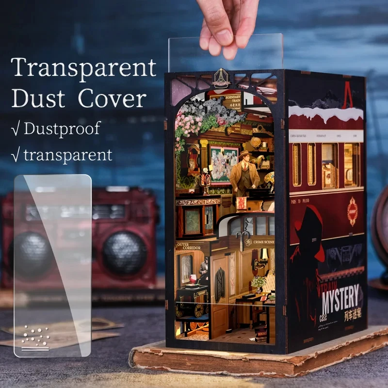 DIY Book Nook 3D Puzzle Wooden Dollhouse Touch Light, Dust Cover, Bookshelf Insert, Gift, Detective, Train Mystery