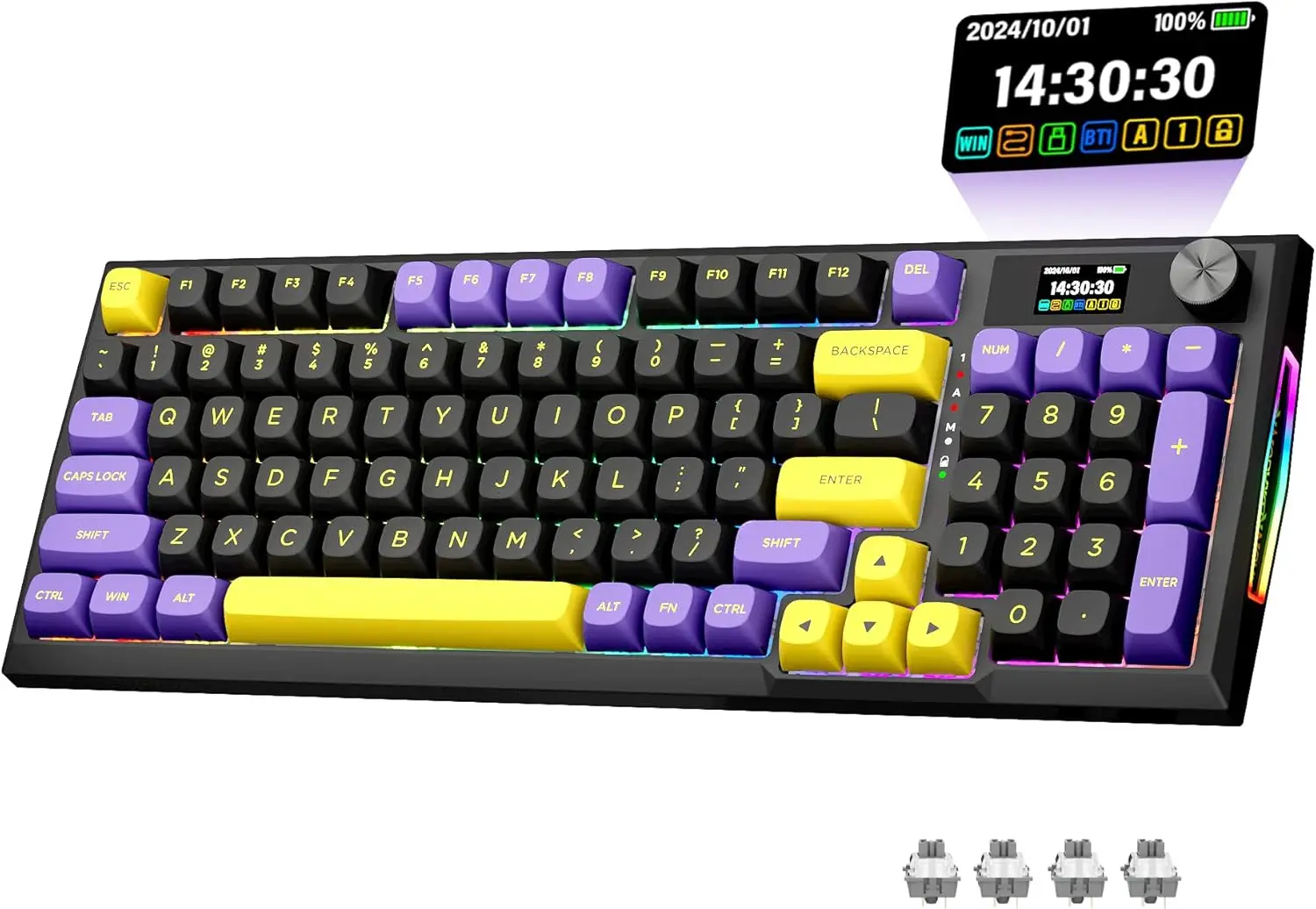 

K725LBY Wireless Mechanical Gaming Keyboard, Tri-Mode BT5.0/2.4G/USB-C, 95 Keys Hot Swappable, RGB Backlit, Purple
