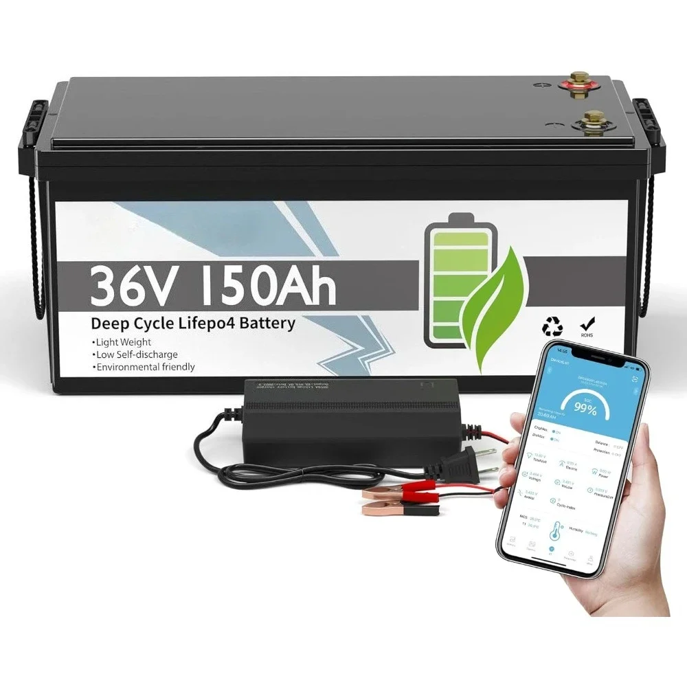 

36V Lithium Golf Cart Battery 150Ah, Rechargeabel Deep Cycle LiFePO4 Batteries, 200A Smart BMS with Low-Temp Protection