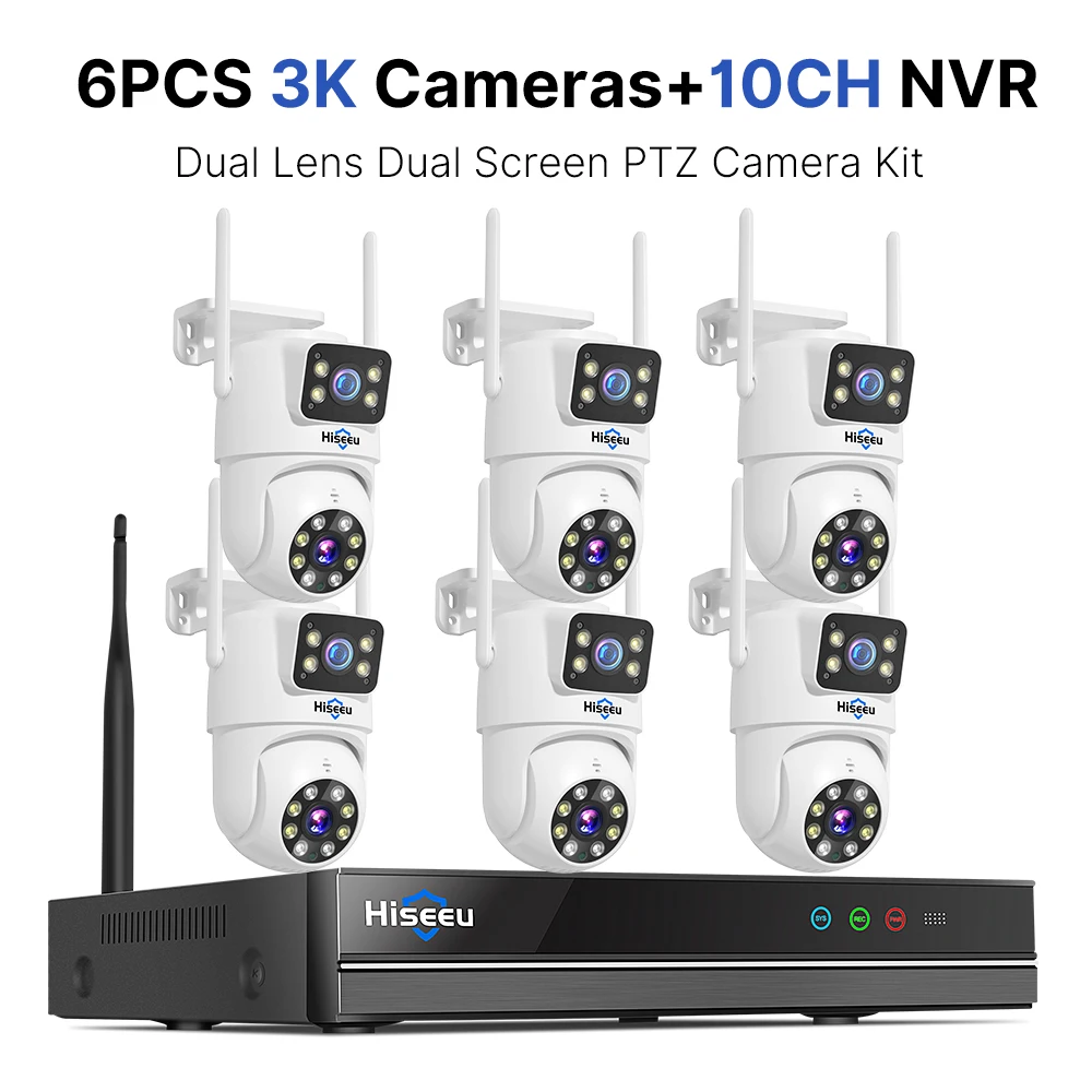 Hiseeu 3K 6MP Dual Lens WiFi CCTV Surveillance Kit Automatische Tracking Kleuren Nachtzicht P2P 10CH NVR IP Camera's Beveiligingssysteem