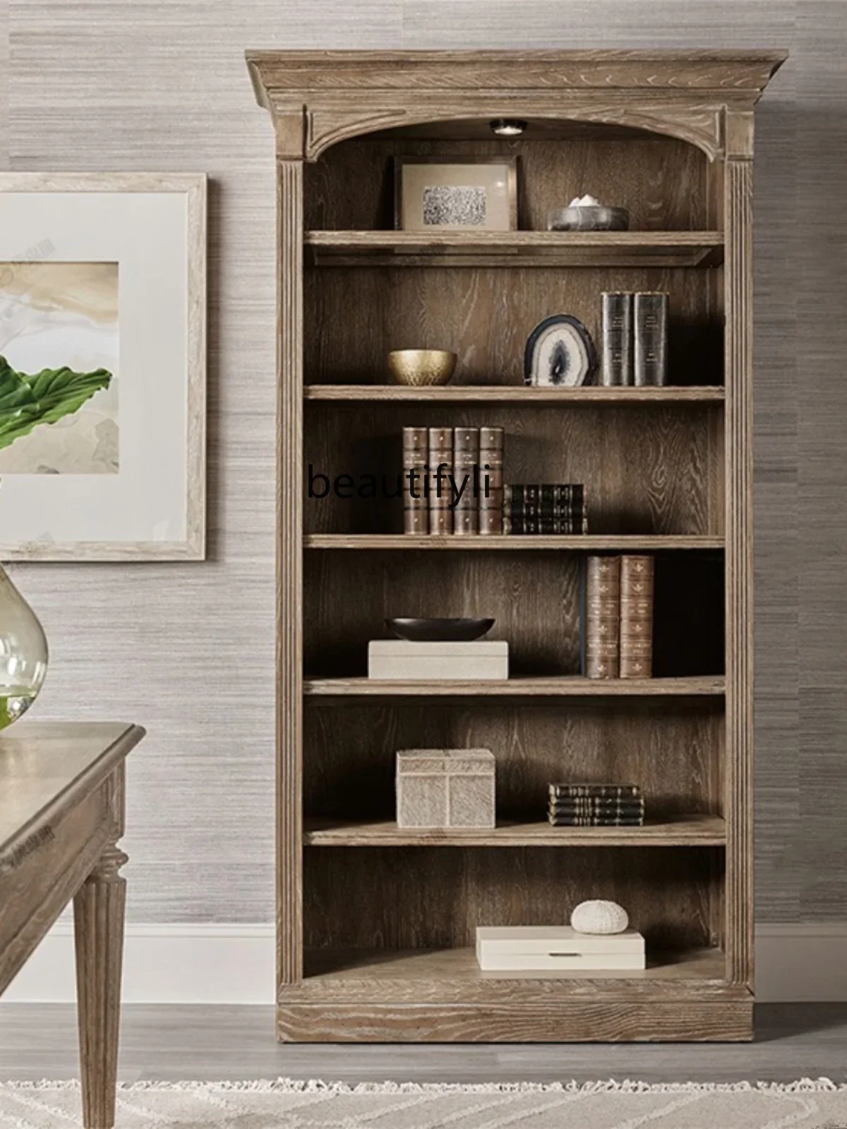 

American weathered gray solid wood bookcase combination oak doorless open multi-layer shelf