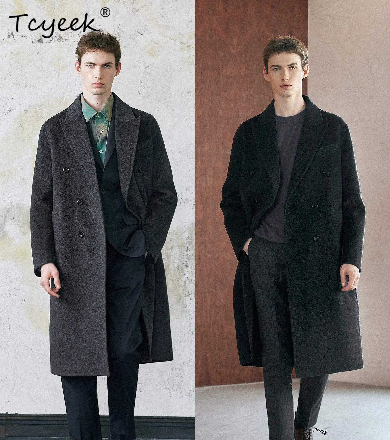Tcyeek 50% Cashmere 50% Wool Coat Men Autumn Winter Clothing High Quality Warm Double-faced Woolen Jacket Trench Coats Trendy