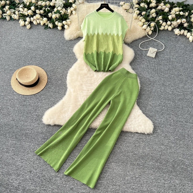 Piżama damska Zestaw dzianinowy Tank Top Dwuczęściowy zestaw dla kobiet Casual Gradient Letnie dzianinowe spodnie Zestawy damskie Lounge Wear 2-częściowy