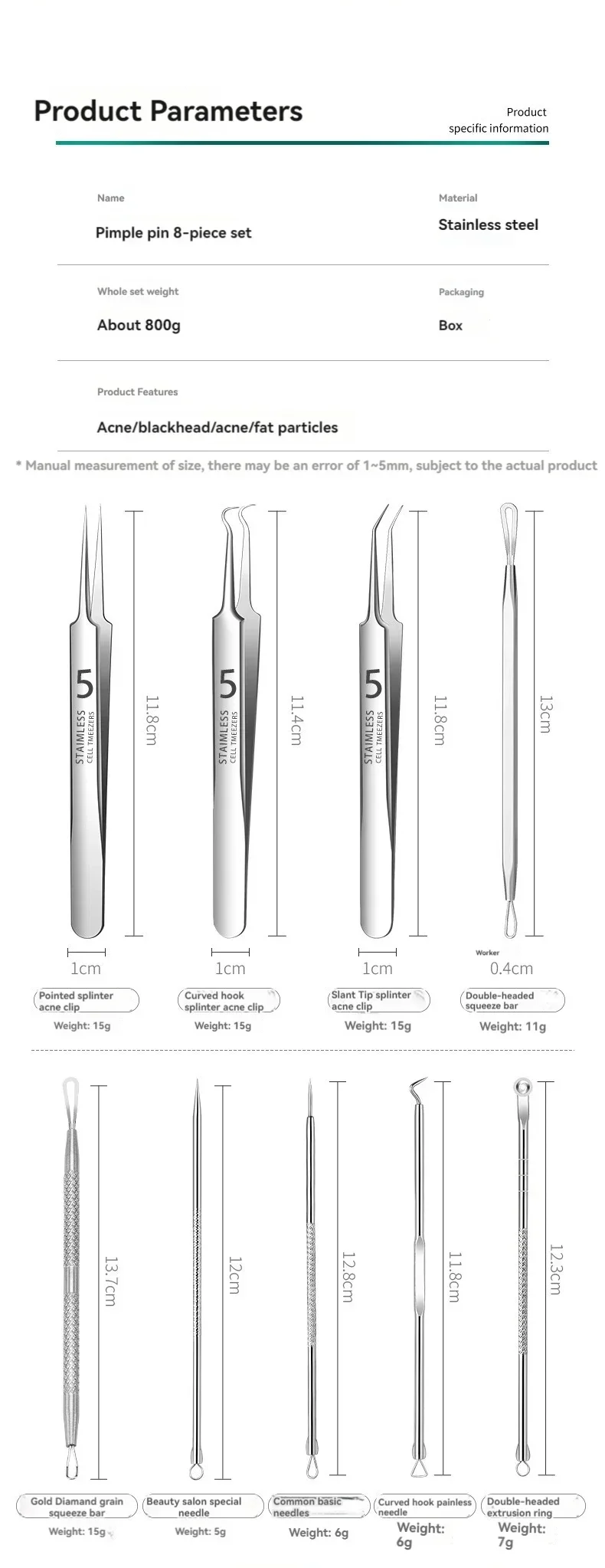 8-teiliges Set aus Edelstahl: Akne-Clip, Zellclip, Mitesser-Clip, Akne-Nadel, Akne-Nadel für Schönheitssalons, Akne-Nadel-Werkzeug – Detail 11