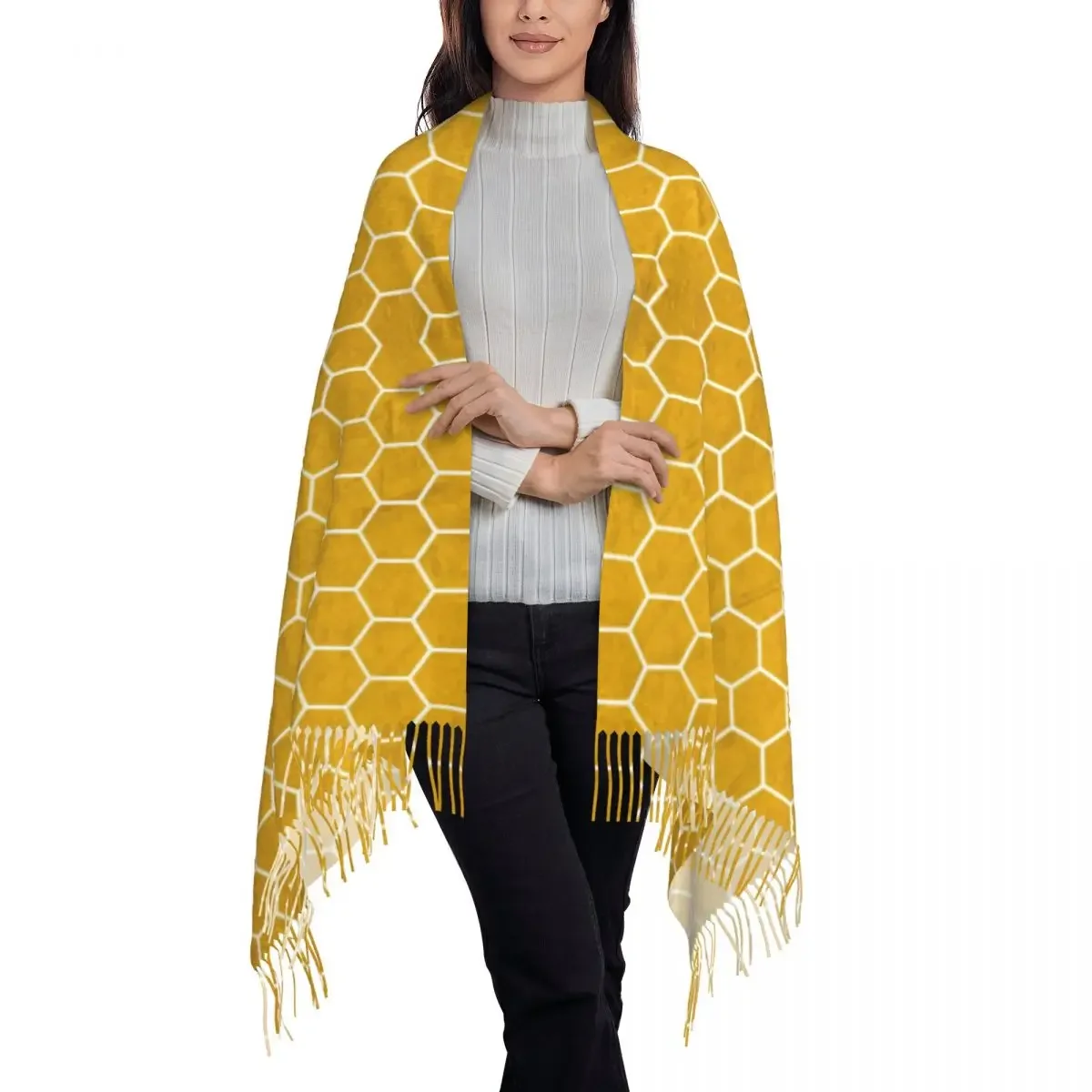 Geometry Print Scarf Womens Yellow Hexagon Large Scarves with Long Tassel Autumn Retro Shawl Wraps Outdoor Graphic Foulard