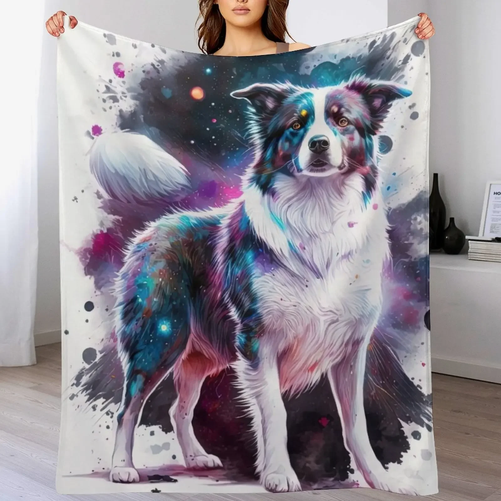 border collie space Throw Blanket Color Fast Cozy Throw Blanket