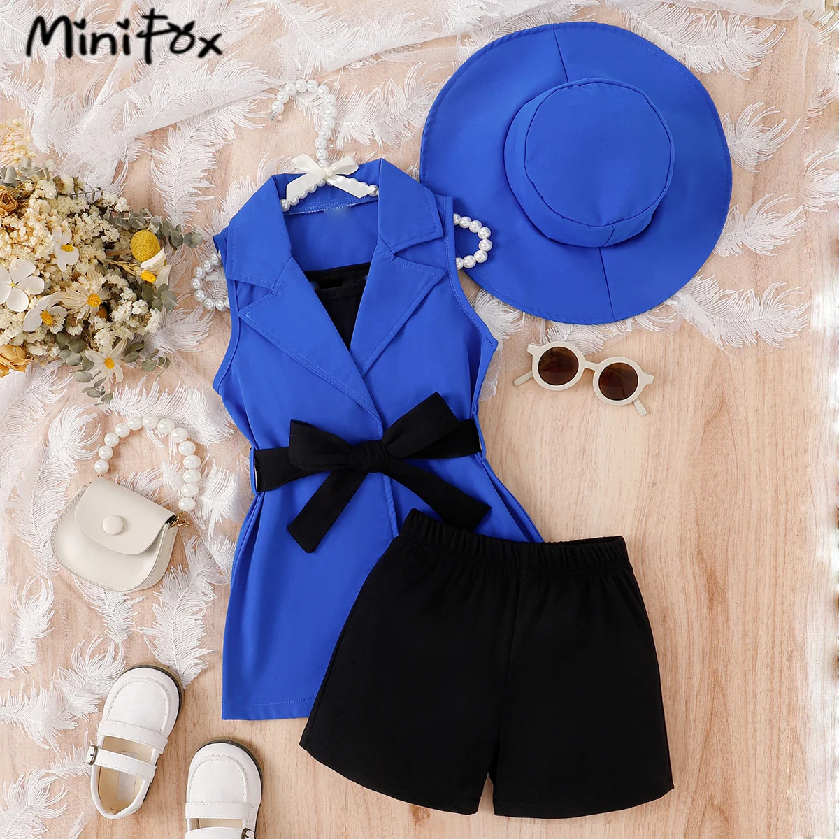 MiniFox Girls\'s Blazer Sets Elegant Belted Lapel Blazer Jacket+Black Vest+Shorts+Sun Hat 4pcs Kids Clothes Girls Outfit Suit