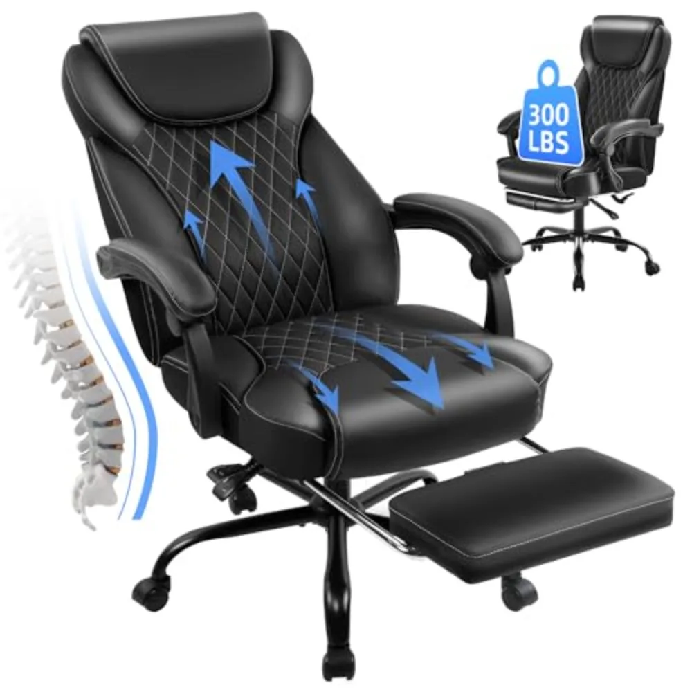 Big and Tall Office Chair with Footrest, Lumbar Support, Black | Ergonomic Leather High Back, Infinite Lock Reclining