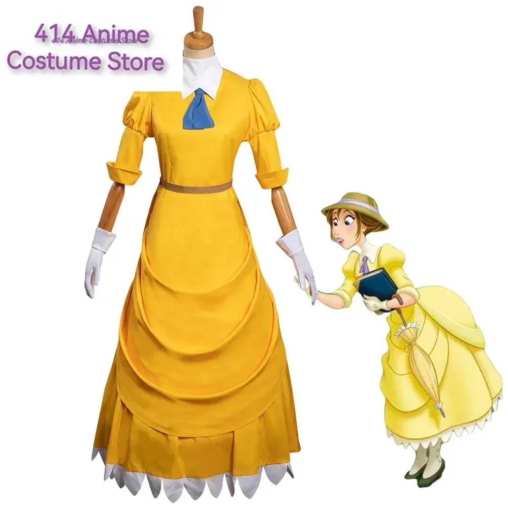 Movie Tarzan Jane Cosplay Light Yellow Long  Classical Princess Dress Costume Outfits Halloween Carnival Suit