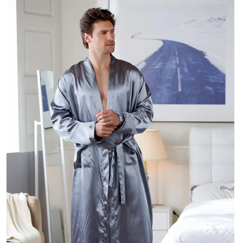 European Size Thin BathroBe Mid Length Cardigan ImItatIon Silk NightgowN Pajamas Men\'s Home Clothing Summer