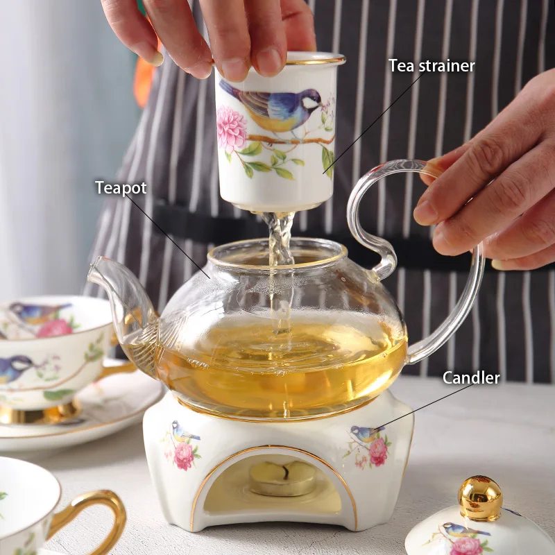 Pastoral Bird Bone China Tea Set Ceramic Tea Cup Pot with Candler Strainer Floral Glass Teapot Set Ceremony Teaware Teacup