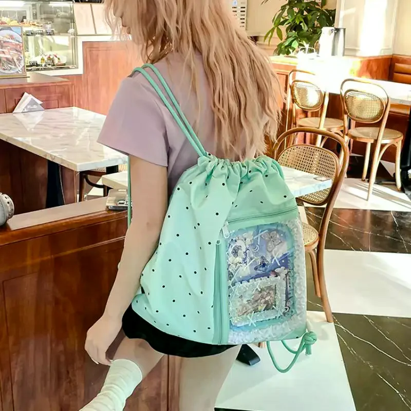 Stylish Lightweight Commuter Backpack; Large Capacity, Transparent Canvas with Star Print and Drawstring.