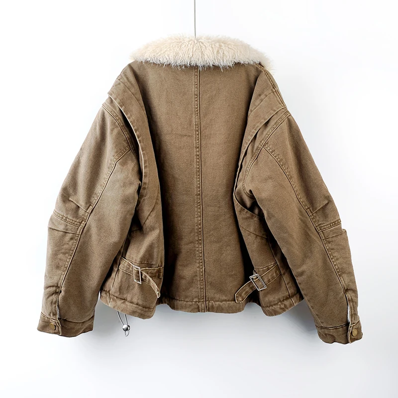 الشتاء سميكة الدافئة فو امبسوول بطانة قصيرة الدنيم معطف الكاكي القهوة اللون كاوبوي ملابس خارجية التلبيب كم طويل الجينز سترة معطف #3