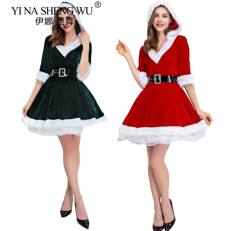 Santa Claus Women Christmas Dress Sexy Hoodie Cosplay Costumes Women Evening Party Clothes Winter Warm Dresses Vestidos De Festa