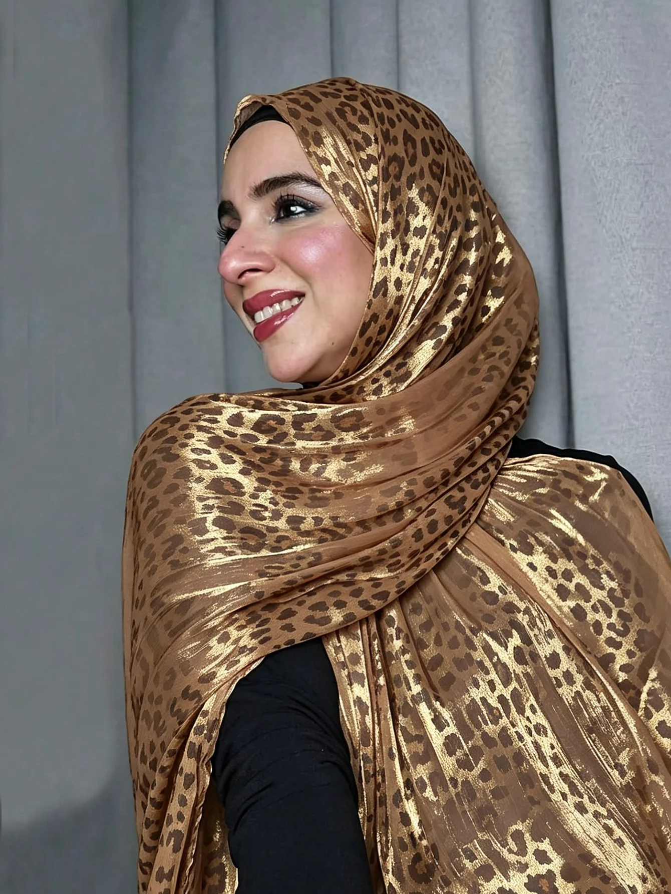 Lurex Shimmer Leopard Hijab for Women Muslim Metallic Gold Print Chiffon Scarf Islamic Party Wedding Headscarf Shawl