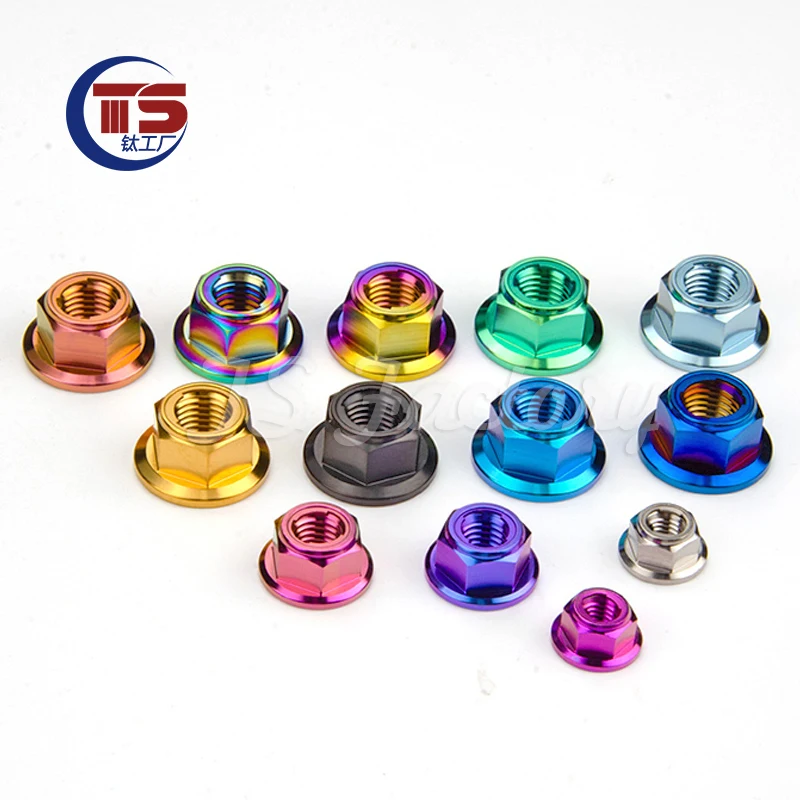 TS 10PCS Titanium Flange Lock Nut M5 M6 M8 M10 TC4 Titanium Alloy Anti-Locking Screw Cap with Gasket