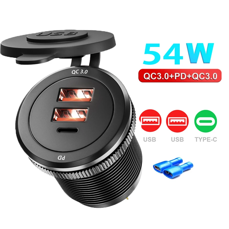 

12v usb outlet 3.0 socket Quick Charge PD Car Charger 54W Outlet Socket For 12V 24V Motorcycle Boat Marine Truck ATV