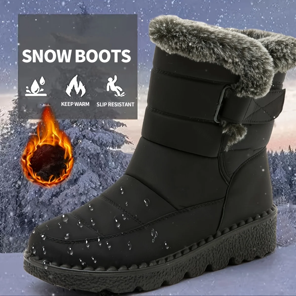 Women Winter Mid Calf Snow Boots Thick Plush Lined Warm Booties Magic Strap Waterproof Non Slip Flat Sole Thermal Shoes for Daily Walking Cold Weather Black Navy Wine Red Multi Colors Ladies Casual Winter Footwear view 3