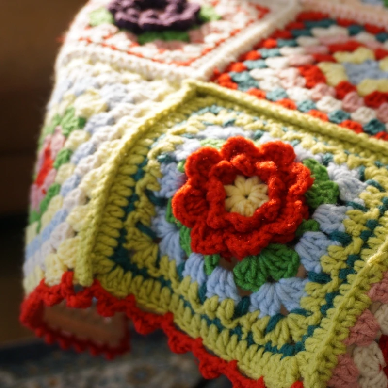 Handmade Granny Square crochet blanket Hand hooked colourful crochet sofa blanket cushion felt pastoral style home&living gift